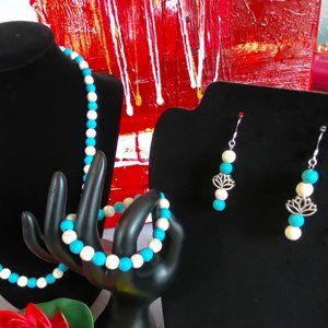 Lotus Flower and Turquoise Jewelry Set  - Beaded turquoise  earrings and bracele